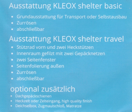 Kleox shelter Ausstattungen